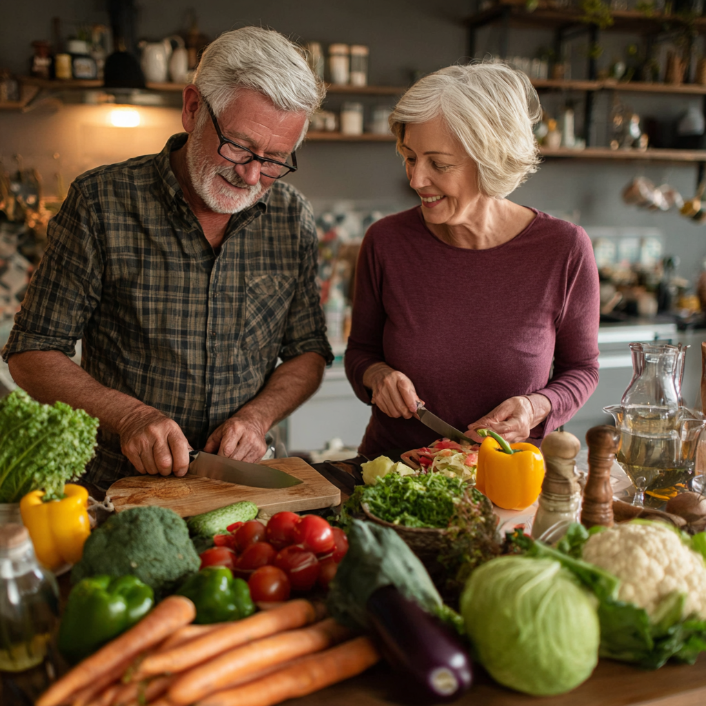 Mature couple preparing fresh vegetables and fruits together in modern kitchen showing healthy lifestyle transformation